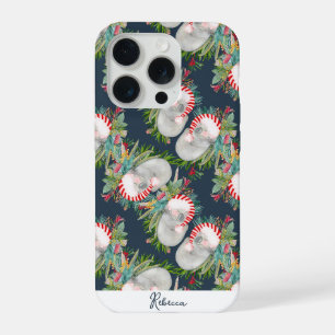 Coque iPhone 15 Pro Koala de Noël personnalisé bleu