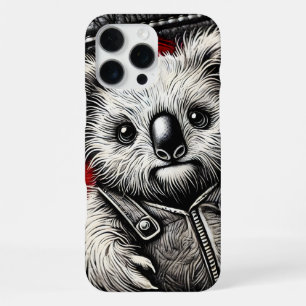 Coque iPhone 16 Pro Max Koala portant un gilet en cuir sur la surface d'un