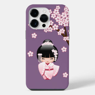 Coque Pour Pour iPhone 14 Pro Max Kokeshi Doll en kimono rose sur fond violet