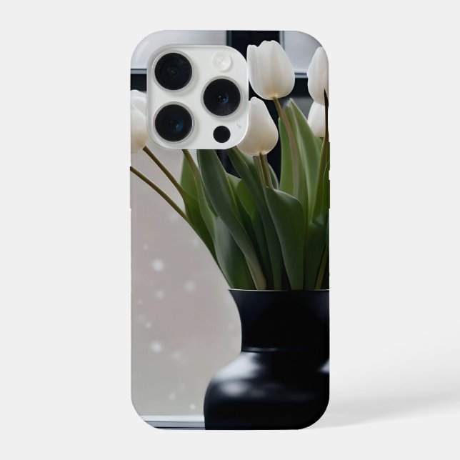 Coque iPhone "La grâce de l'hiver : Tulipes blanches dans un va (Verso)