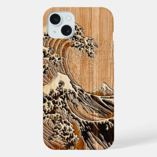 Coque iPhone 15 Plus La Grande Vague de Hokusai Style Bois de Bambou
