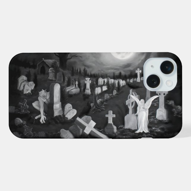 Coque iPhone La nuit sur le cimetière - Angel avec Diable (Verso Horizontal)