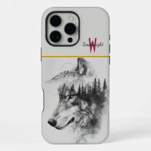 Coque iPhone 16 Pro Max La silhouette d'un loup se fond avec les montagnes
