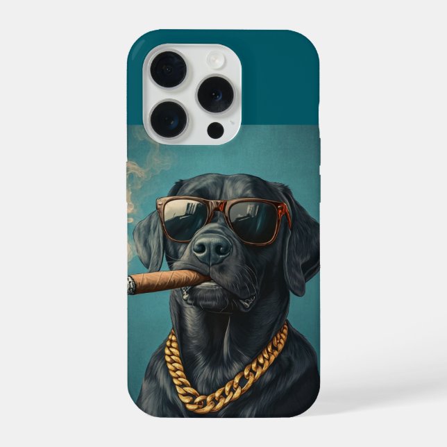 Coque iPhone Labrador noir badass avec cigare et chaîne en or (Verso)