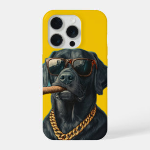 Coque iPhone 15 Pro Labrador noir badass avec cigare et chaîne en or