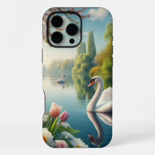 Coque iPhone 16 Pro Max Lac de cygnes floral, œuvre d'art printanière