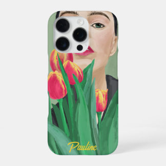 Coque iPhone 16 Pro Lady & Tulip Green Orange moderne peinture graphiq