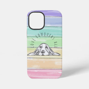 Coque iPhone 12 Mini l'amour conquiert tout chien arc-en-ciel basset ho