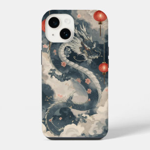 Coque Pour iPhone 14 Lanternes Bleues du Dragon Chinois