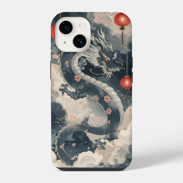 Coque iPhone Lanternes Bleues du Dragon Chinois (Verso)