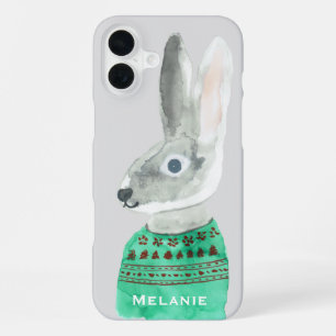 Coque iPhone 16 Plus Lapin à l'aquarelle en pull-over gris personnalisé
