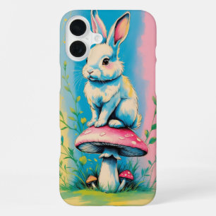Coque iPhone 16 Plus Lapin assis sur un champignon avec des pastels vif