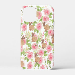 Coque iPhone 12 Mini Lapin brun floral roses roses roses en aquarelle C