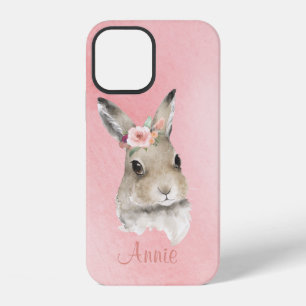 Coque iPhone 12 Lapin de Pâques Aquarelle Rose Nom Minimaliste
