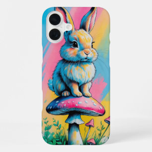 Coque iPhone 16 Plus Lapin joueur sur champignon Art animal coloré