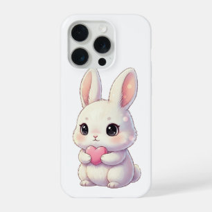 Coque iPhone 15 Pro Lapin Mignon Tenant un Cœur – Amour Pastel Adorabl