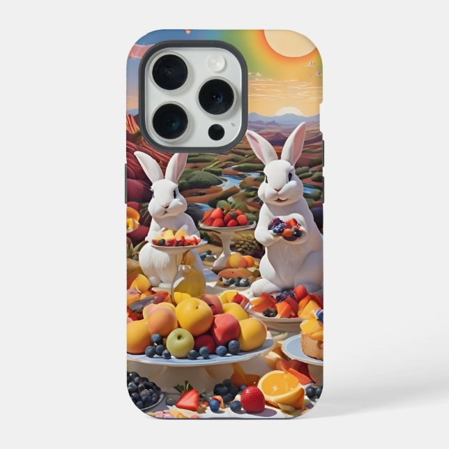 Coque iPhone Lapins blancs avec paysage de fruits (Verso)