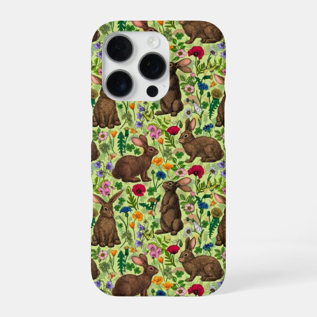 Coque iPhone Lapins et fleurs sauvages sur le vert miel (Verso)