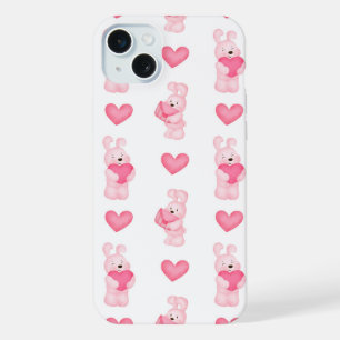 Coque iPhone 15 Plus Lapins Roses Mignons avec Motif de Cœurs