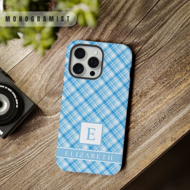 Coque iPhone Lavande bleu foncé sur mesure pourpre À damiers P (Custom Light Dark Blue Lavender Purple Checkered P iPhone Case)