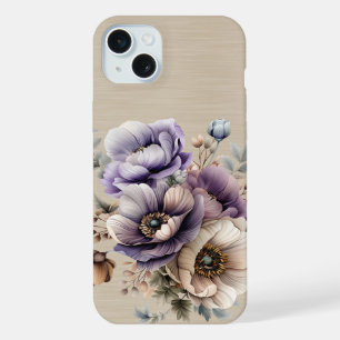 COQUE iPhone 15 PLUS LAVANDE VIOLET ET BRUN FLEURS D'AUTOMNE ET CITROUI