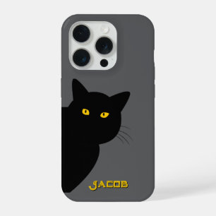 Coque iPhone 15 Pro Le chat noir aux yeux jaunes vous salue sur mesure