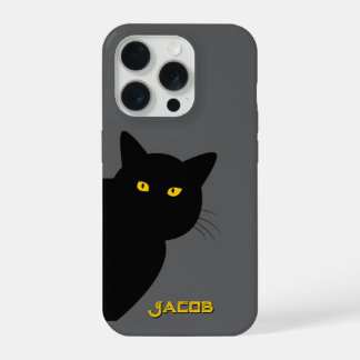 Coque iPhone 15 Pro Le chat noir aux yeux jaunes vous salue sur mesure
