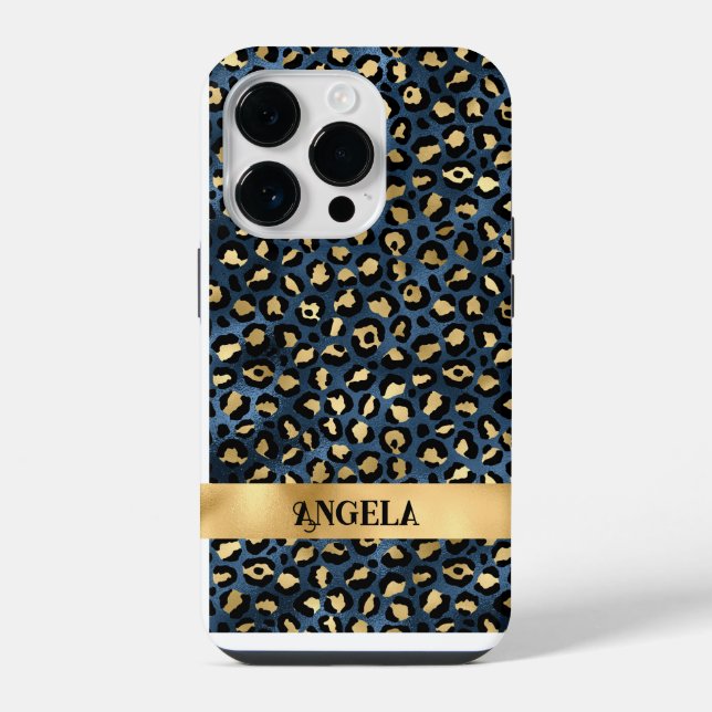 Coque iPhone Léopard bleu foncé et doré (Verso)