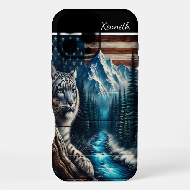 Coque iPhone Léopard des neiges sous un drapeau américain (Verso)