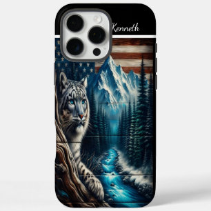 Coque iPhone 16 Pro Max Léopard des neiges sous un drapeau américain