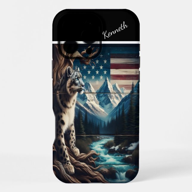 Coque iPhone Léopard des neiges sous un drapeau étoilé (Verso)