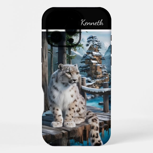 Coque iPhone Léopard des neiges sur le pont d'hiver (Verso)