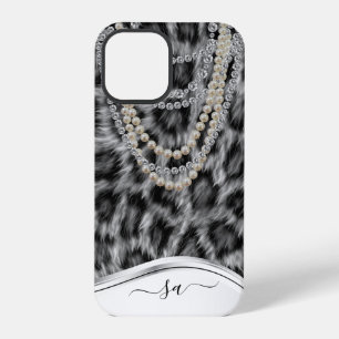 Coque iPhone 12 Pro Leopard Nom manuscrit Pearl Diamond Collier C
