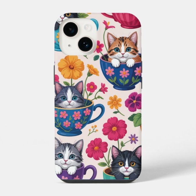 Coque iPhone Les chatons et fleurs en tasse (Verso)