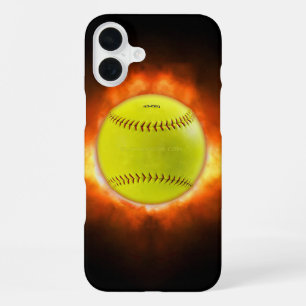Coque iPhone 16 Plus Les flammes de balle rapide de softball jaune de S