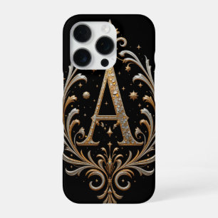 Coque iPhone 16 Pro Lettre A dorée avec décorations florales