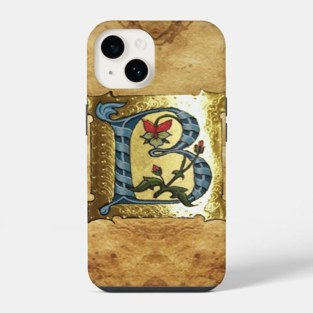 COQUE iPhone LETTRE BLEUE OR B AVEC MONOGRAM FLEURS (Verso)