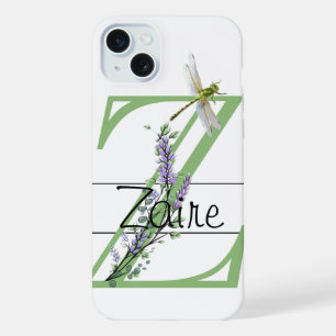 Coque iPhone 15 Plus Lettre de l'alphabet Z, libellule lavande aquarell