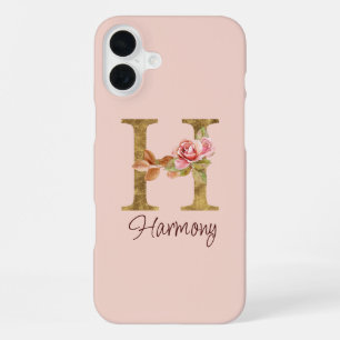 Coque iPhone 16 Plus Lettre de nom personnalisée H Rose blush doré Rose