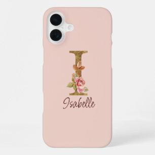 Coque iPhone 16 Plus Lettre de nom personnalisée I Roses roses blush fe