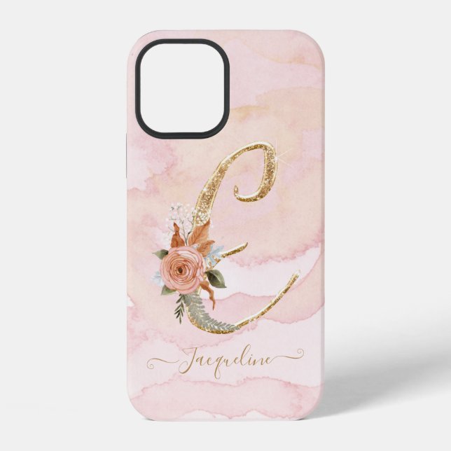 Coque iPhone Lettre monogramme E Script Aquarelle or Floral (Verso)