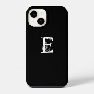 COQUE POUR iPhone 14 LETTRE MONOGRAMME FLORALE E COULEUR NOIR MINIMALIS