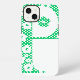 Etui iPhone 13 Lettre P à motif floral (vert & points)