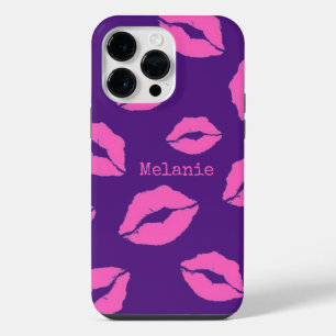 Coque Pour Pour iPhone 14 Pro Max Lèvres de bisou rose personnalisées sur violet