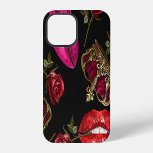 Coque iPhone 12 Lèvres de broderie, roses, couronne motif sans sou