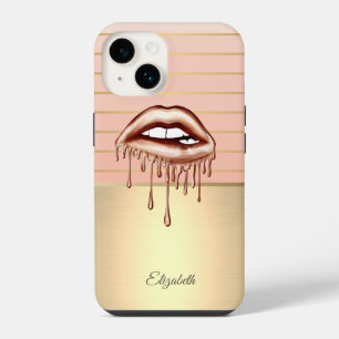 Coque Pour iPhone 14 Lèvres rayées dorées chic élégantes, gouttes