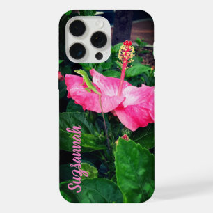 Coque iPhone 15 Pro Max Lézard sur fleur d'Hibiscus tropical rose personna