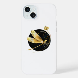 Coque iPhone 15 Plus Libellule dorée dans un cercle noir