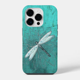 Coque Pour iPhone 14 Plus Libellule en métal et verre sur fond sarcelle