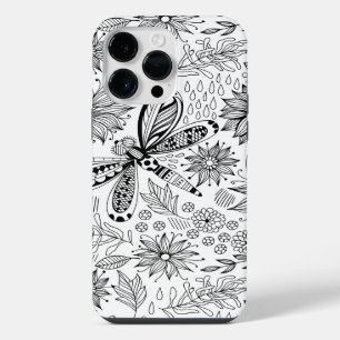 Coque Pour Pour iPhone 14 Pro Max Libellule et fleurs doodle